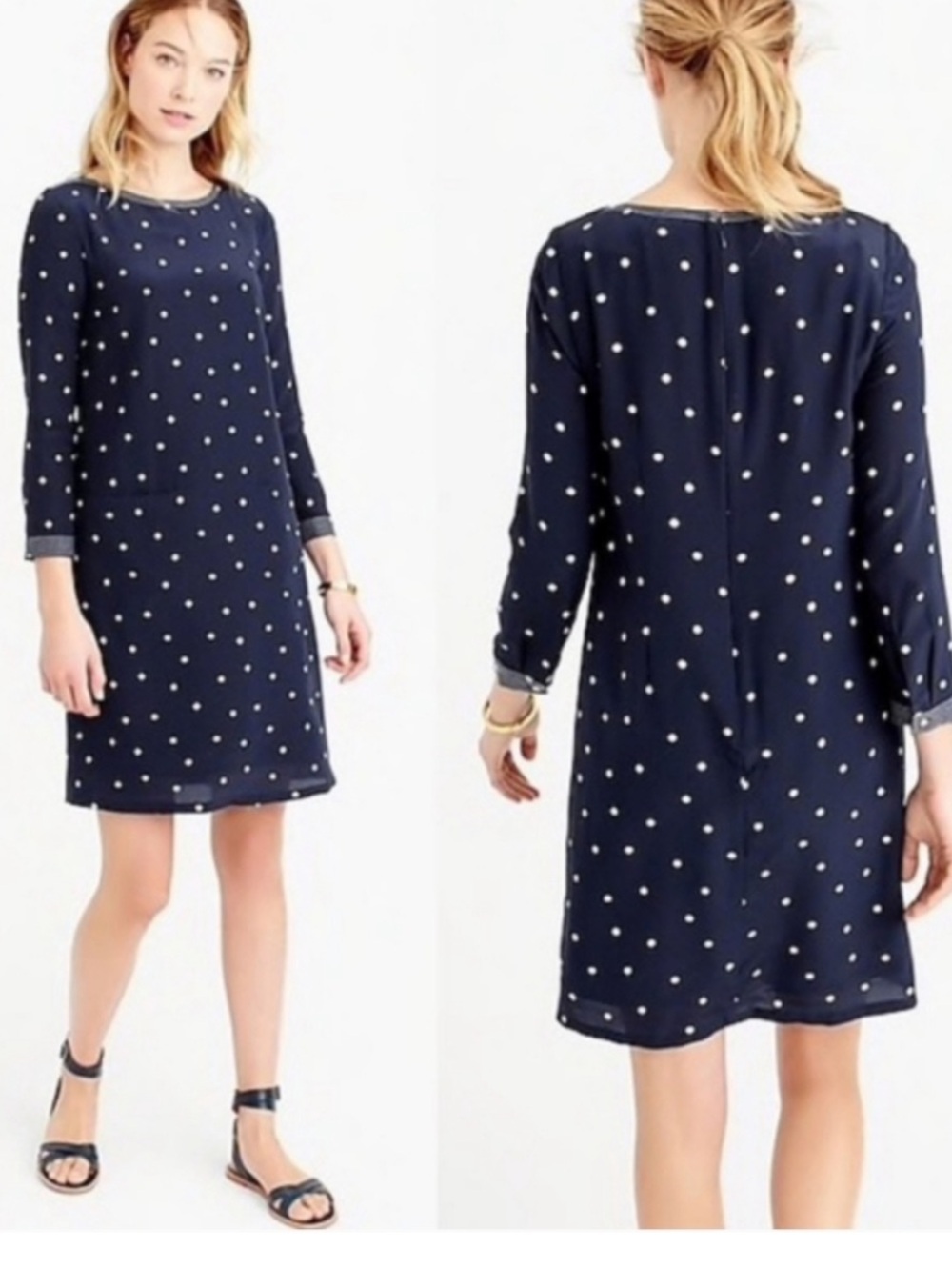 J. Crew Navy Polka Dot Long-Sleeve Shift Dress